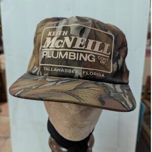 VINTAGE Snap Back Red Enterprises TRUCKER fabric Hat  Cap McNeill Plumbing CAMO
